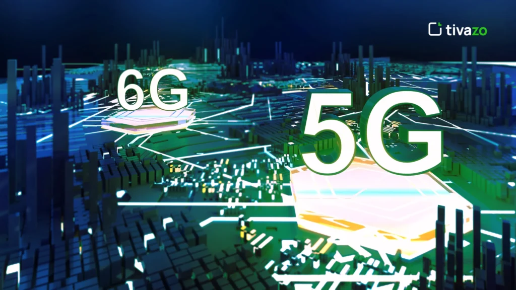 visualization of 5G and Beyond in 2025, featuring terms like ultra-fast connectivity, low latency, IoT, network slicing, and wireless technology