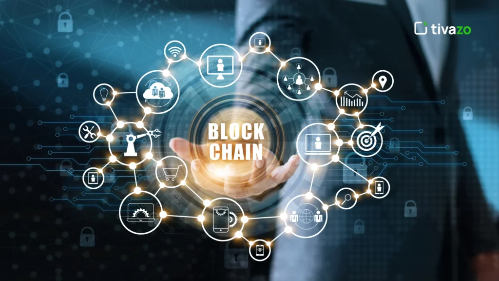 visualization of Blockchain technology in 2025, showcasing terms like decentralized networks, smart contracts, cryptocurrencies, digital ledgers, and secure transactions