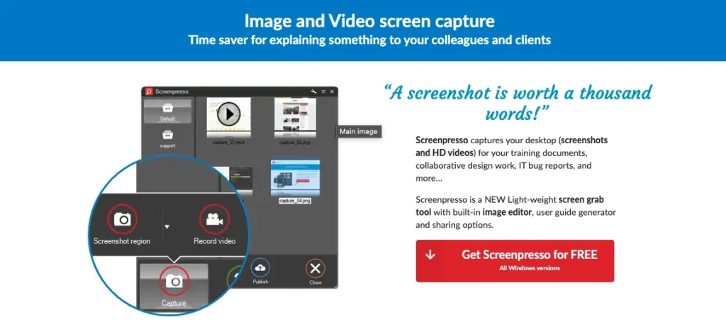A picture of Screenpresso is a good alternative to the built-in Snipping Tool