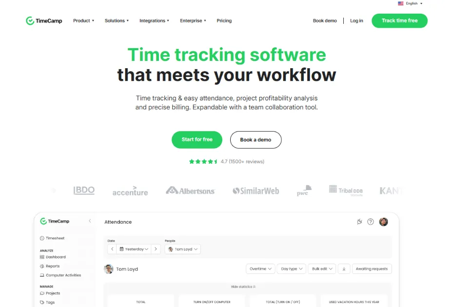 TimeCamp dashboard with time monitoring tools