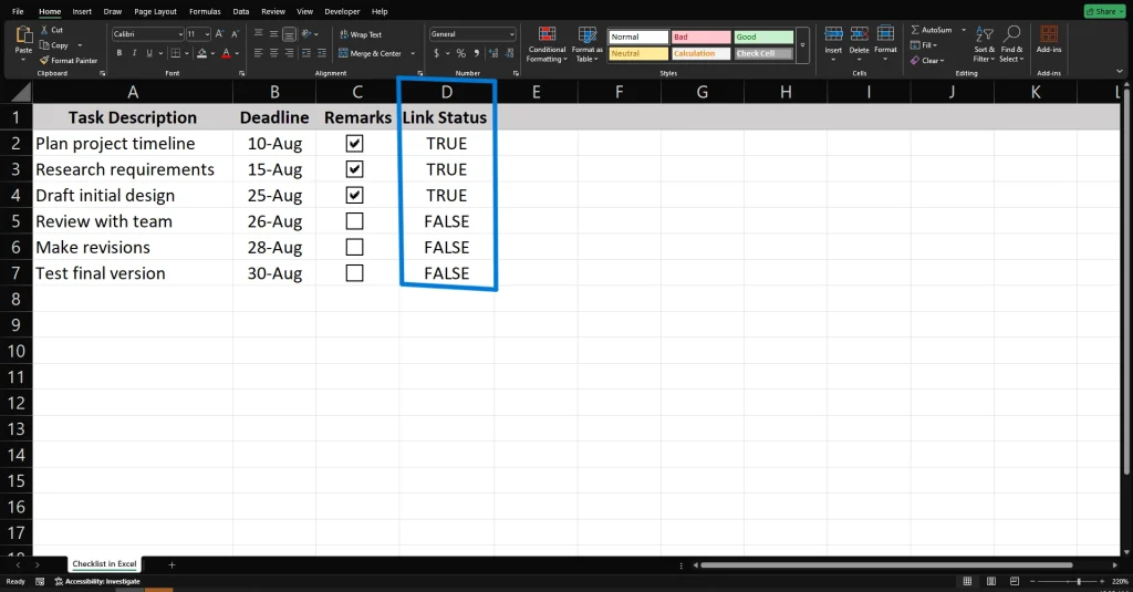 Link checkboxes to cells